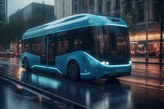 3D rendering of a modern electric bus in the city at night generative ai