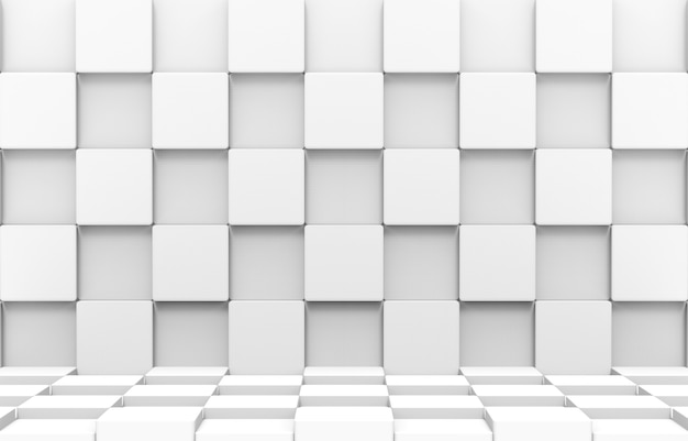 3d rendering. modern futuristic white square round cube boxes stack wall and floor design art background.