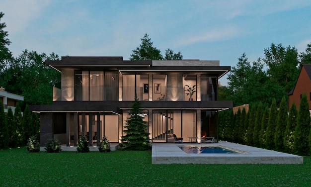 3D rendering of a modern hillside villa. Villa with panoramic windows and a swimming pool