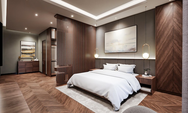 3d rendering modern hotel bedroom interior design