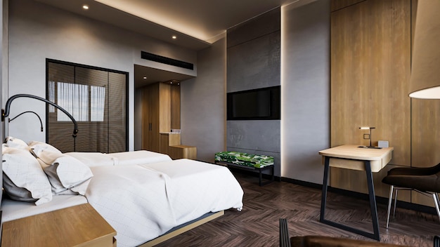 3d rendering modern hotel bedroom interior design