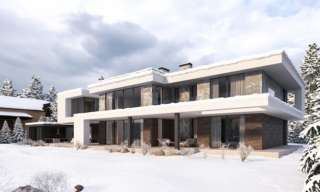 3D rendering of a modern house with a carport. House in the winter in the snow.