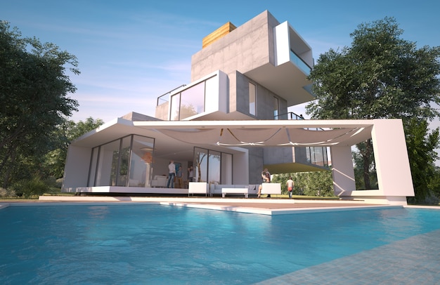 3D rendering of a modern house with pool and garden built in different independent levels