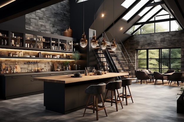 3d rendering of modern kitchen in loft style with black and wooden walls