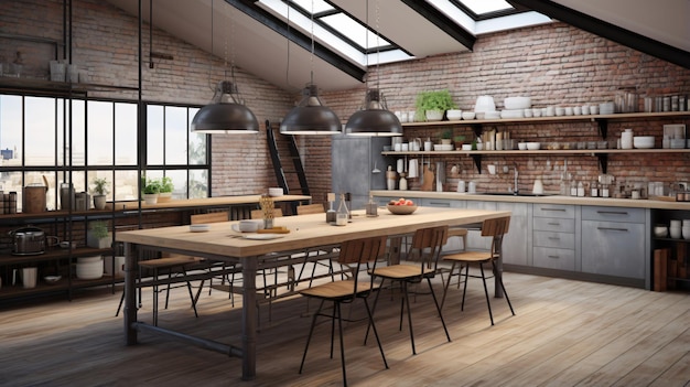 3D rendering of modern kitchen in a loft