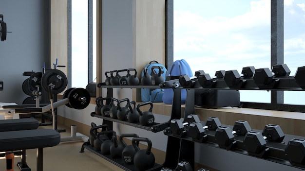 3d rendering Modern light gym Sports equipment in gym Barbells of different weight on rack