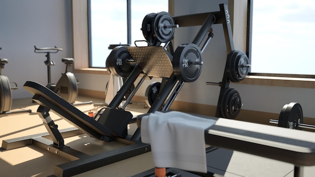 3d rendering Modern light gym Sports equipment in gym Barbells of different weight on rack