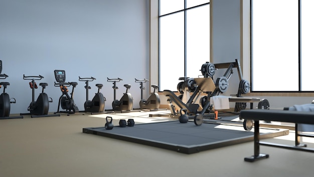 3d rendering Modern light gym Sports equipment in gym Barbells of different weight on rack