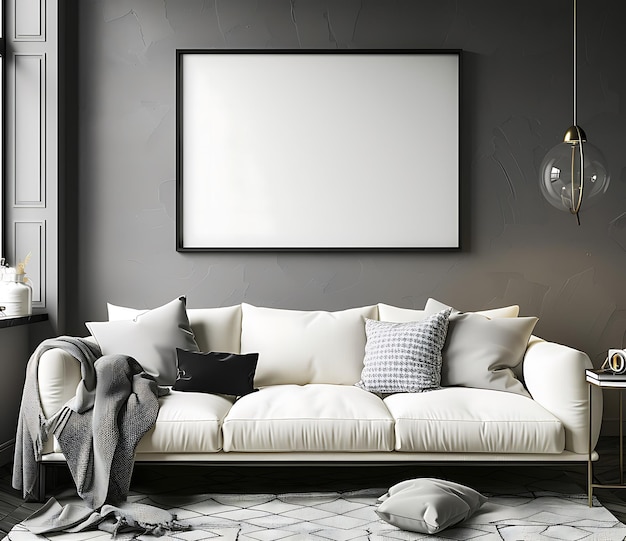 3d rendering of modern living room interior design with white sofa and black wall mock up poster frame