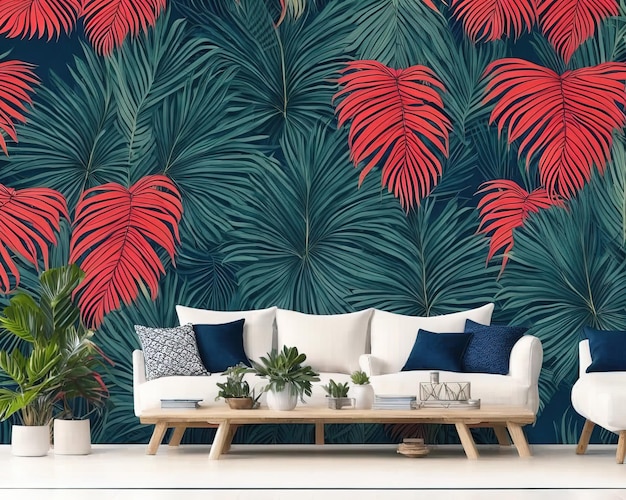 3d rendering of a modern living room interior with tropical palm leaves