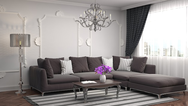 3d rendering of a modern living room with a couch