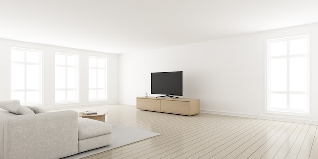 3D rendering of modern living room with sofa and television screen on wooden cabinet.