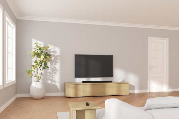 3D rendering of modern living room with TV screen and sofa on grey wall background.