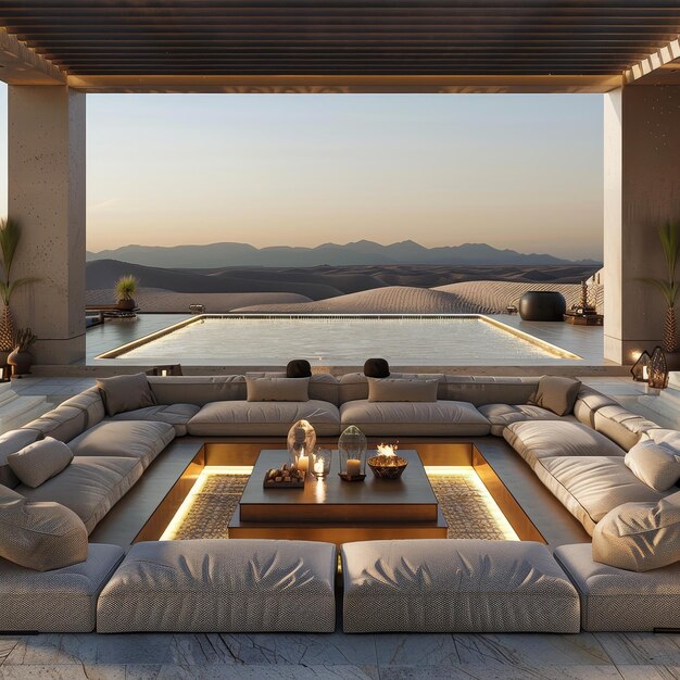 Photo 3d rendering of a modern living room with a view of the mountains