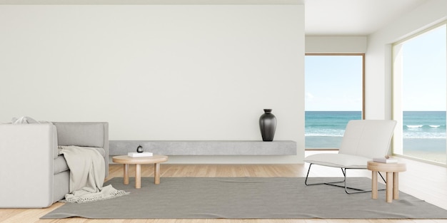 3d rendering of modern living room with white empty wall and sofa on wooden floor Sea view background