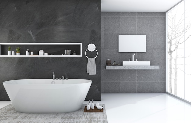 3d rendering modern and loft style bathroom with nice winter view