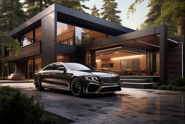 Photo 3d rendering of a modern luxurious house luxury car in garage