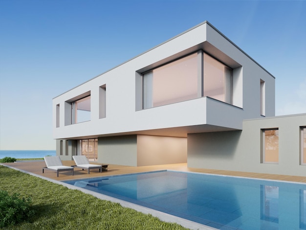 3d rendering of modern luxury beach house with wood terrace and swimming pool on sea background