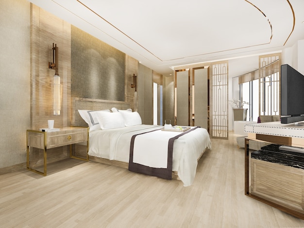 3d rendering modern luxury bedroom suite and bathroom in hotel