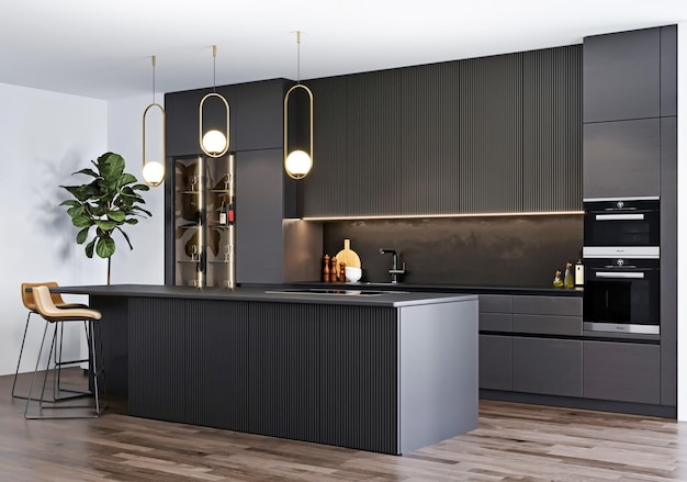 3d rendering modern luxury black kitchen interior minimalist style design