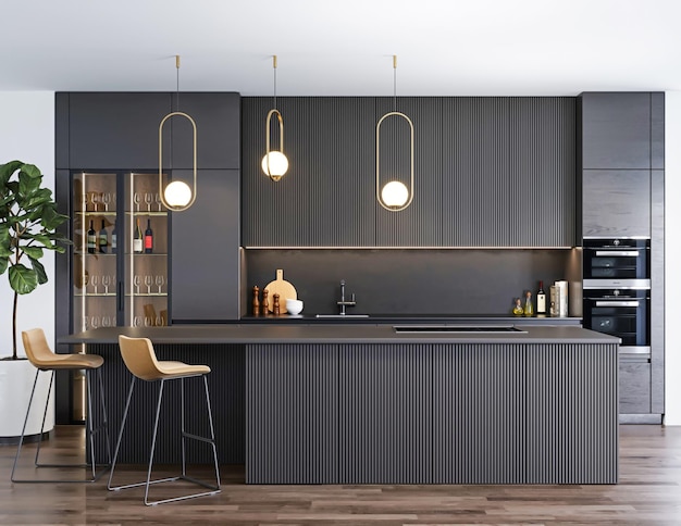 3d rendering modern luxury black kitchen interior minimalist style design