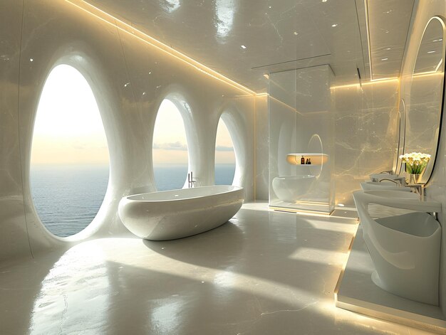 3d rendering of a modern luxury hotel bathroom with bathtub pool and terrace