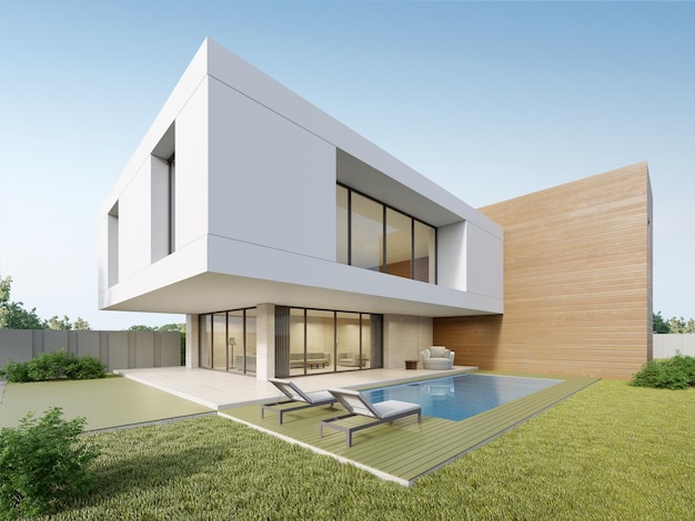 3d rendering of modern luxury house with lawn yard and swimming pool