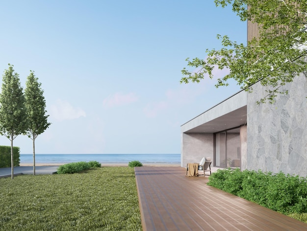 3d rendering of modern luxury house with wood terrace on sea background