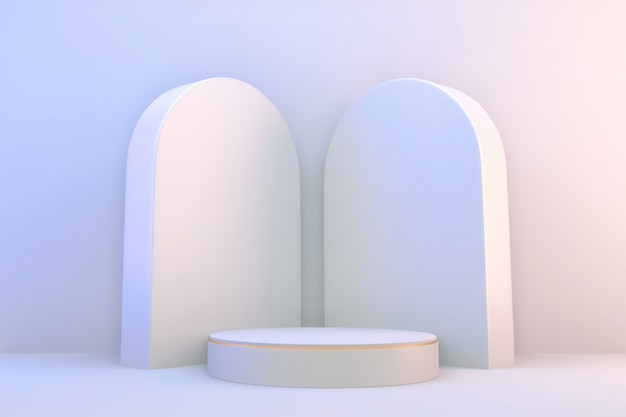 3d rendering. Modern minimalistic white and gold podium abstract cylinder display.