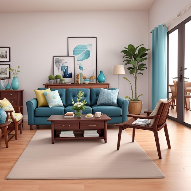 3D rendering of a modern styled living room with interior design