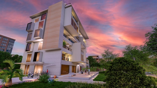 3D rendering of a modern upscale residential building at dusk