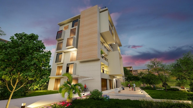 3D rendering of a modern upscale residential building at dusk