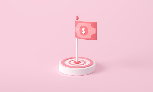 3d rendering of money banknotes flag on target dollar  business financial arrow marketing Financial goal concept Coin target flag top steps or stairs on top money coin Flag in the middle of target