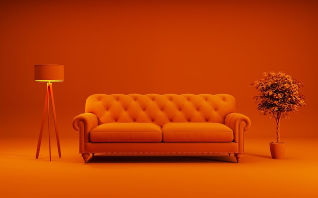 3D rendering of a monochrome orange interior. Sofa, plant and floor lamp.