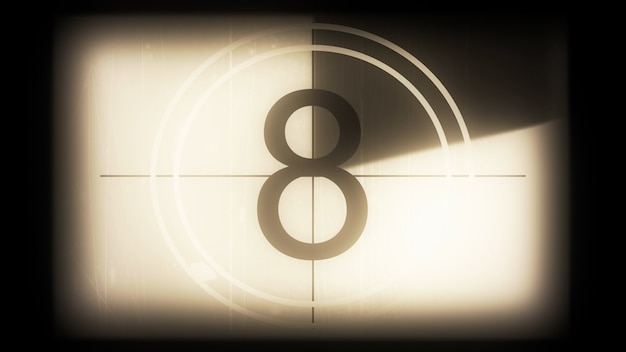 3D rendering of a monochrome universal countdown film leader Countdown clock from 10 to 0