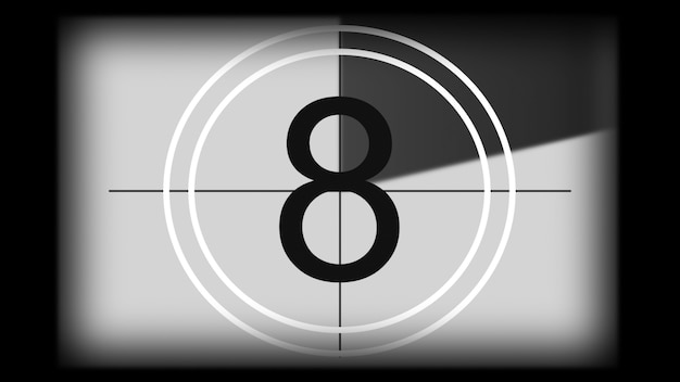 3D rendering of a monochrome universal countdown film leader Countdown clock from 10 to 0