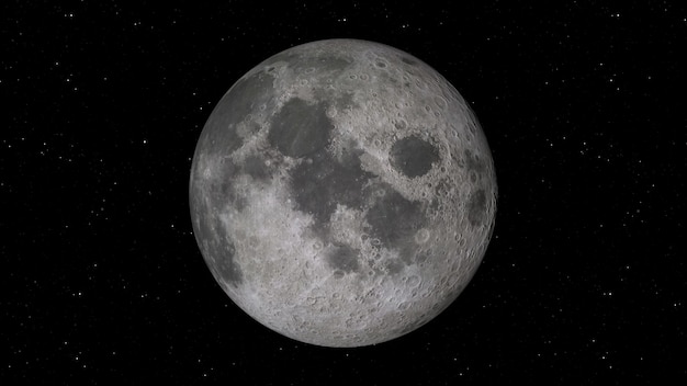 3D rendering of the Moon against the background of space with illuminated craters and lunar soil