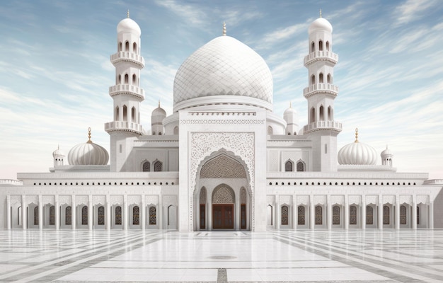 A 3d rendering of a mosque with a blue sky in the background.