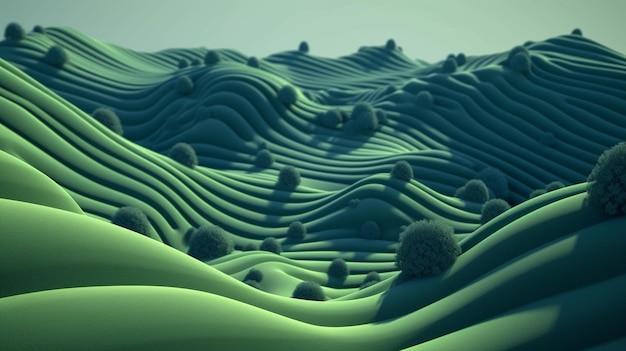 A 3d rendering of a mountain landscape with green hills and trees.