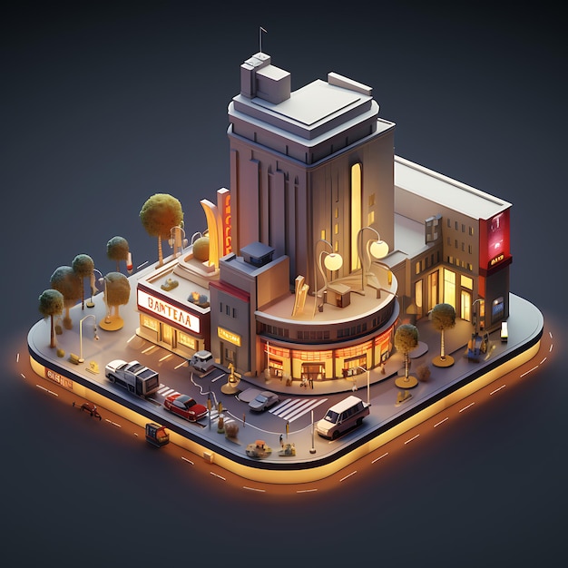 3d rendering of movie theater city isometric miniature