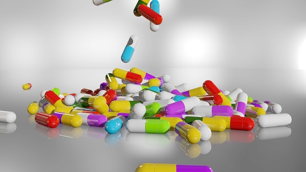 3D rendering multicolored medical pills falling from top to bottom