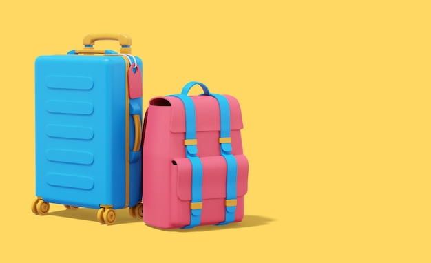 3d rendering Multicolored suitcase and tourist backpack on yellow background with space for text