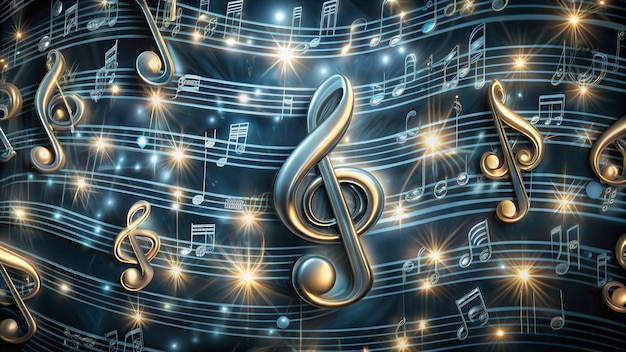 A 3D rendering of music notes with sparkling lights on a blue background