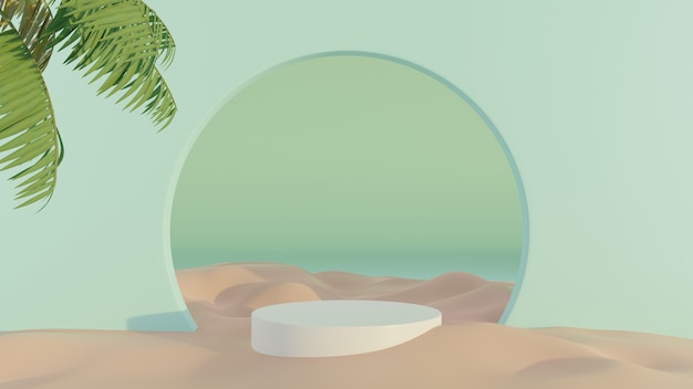 3d rendering Natural summer beach backdrop with white cylinder and palm tree for product display.