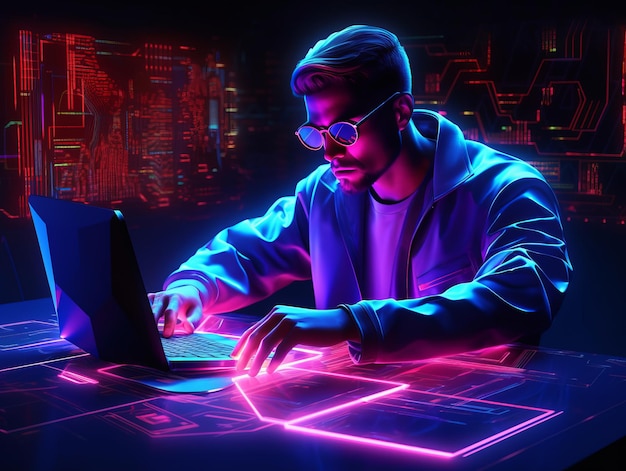 3D rendering of a neon Cybersecurity Analyst representing the intersection of high technology and e