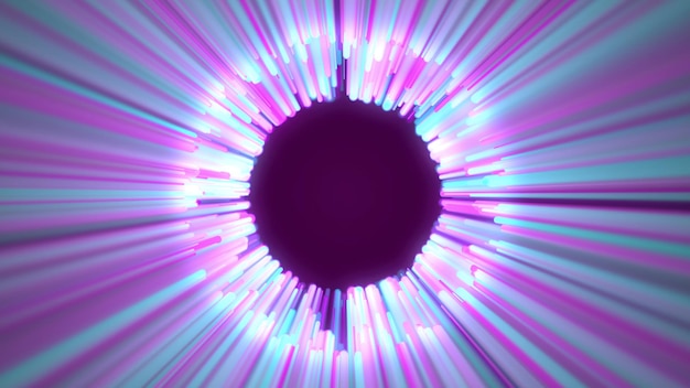 Photo 3d rendering of neon glowing rays computer generated abstract background from colorful radial lines