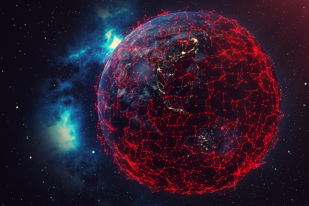 3D rendering Network and data exchange over planet earth in space.