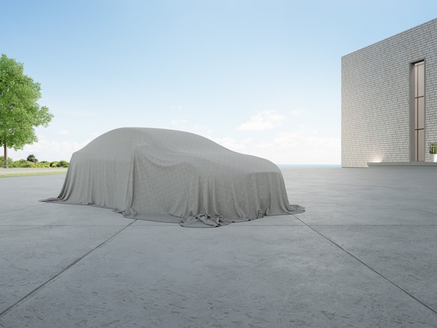 3d rendering of new car covered with cloth