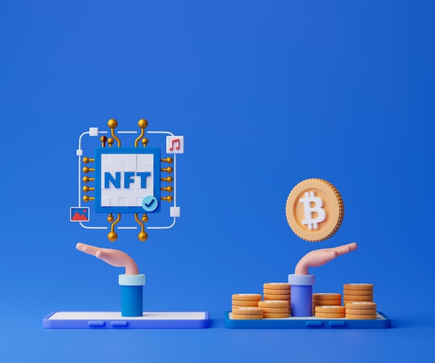 3d rendering NFT or non fungible token illustration People buying and selling NFT with smartphone