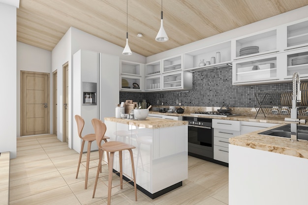 3d rendering nice contemporary wood kitchen and dining counter